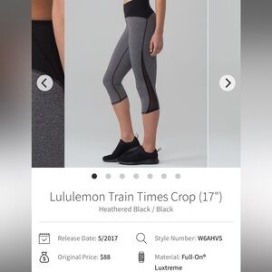 Lululemon Train Times Crop 17” Size 10 Heathered Gray and Black